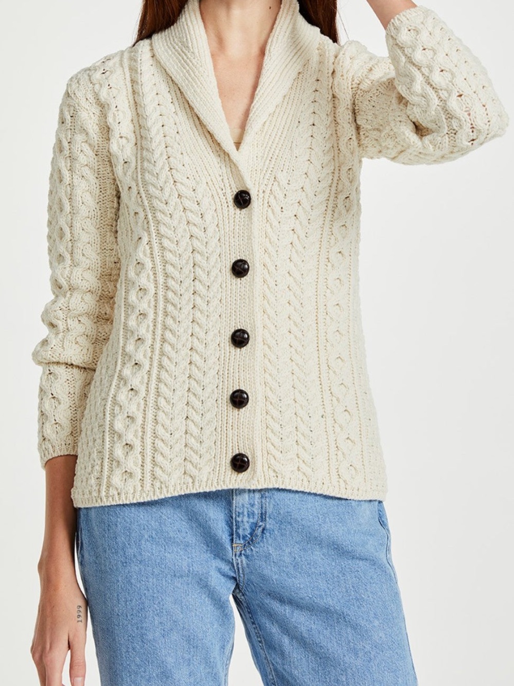 New Aran woollen mills merino wool cream Shawl Button Sweater cardigan Large L